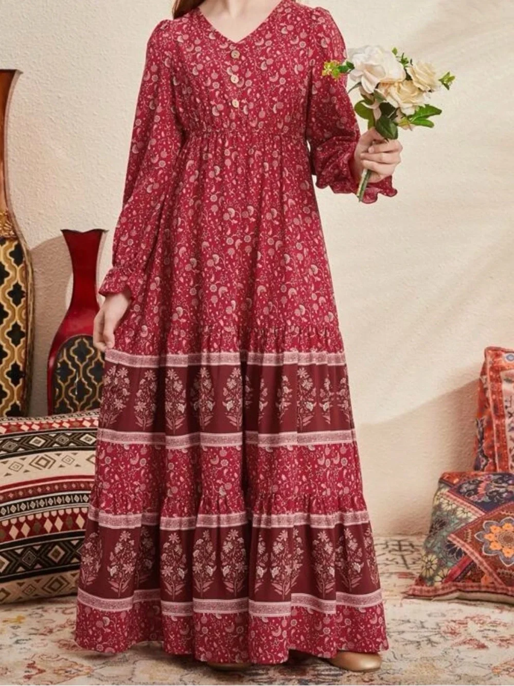 Girls Red Floral Boho Maxi Dress with Long Sleeves